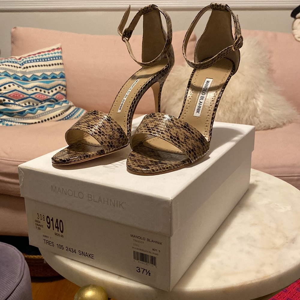 Manolo Blahnik Tres Sandal Beige/Black Snake sz 37.5